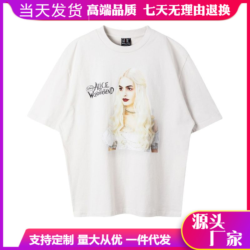 European and American high street fashion retro Saint Michael joint name Alice Wonderland printed washed short sleeve t-shirt