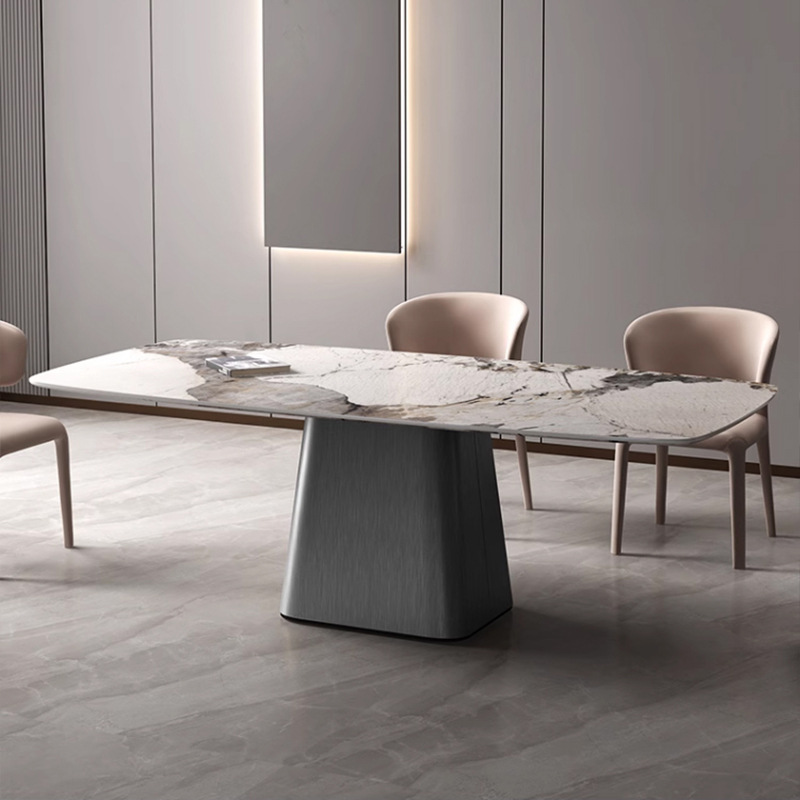 Italiano minimalista Placa de roca de acero inoxidable mesa de comedor y silla combinación rectangular Luz de lujo de alta gama hogar pequeño apartamento mesa de comedor brillante