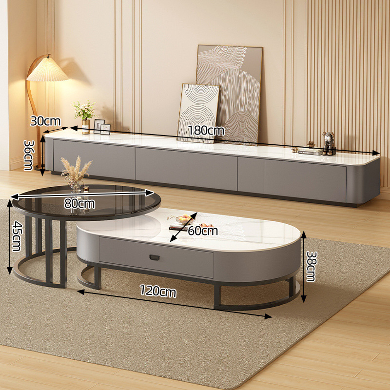 [블랙 프레임 그레이 캐비닛] 80 블랙 유리 원형 테이블 + 1.8m TV 캐비닛