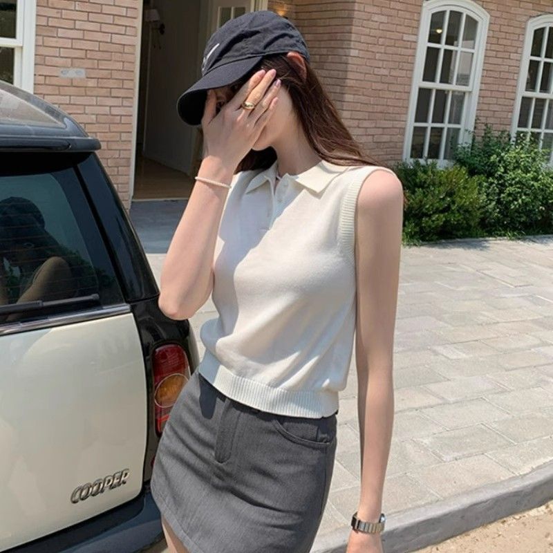 2026 New Summer Unique and Beautiful Blouse That Can Be Worn Outside, Sleeveless Top for Women, Solid Color Polo Collar Knitted Vest