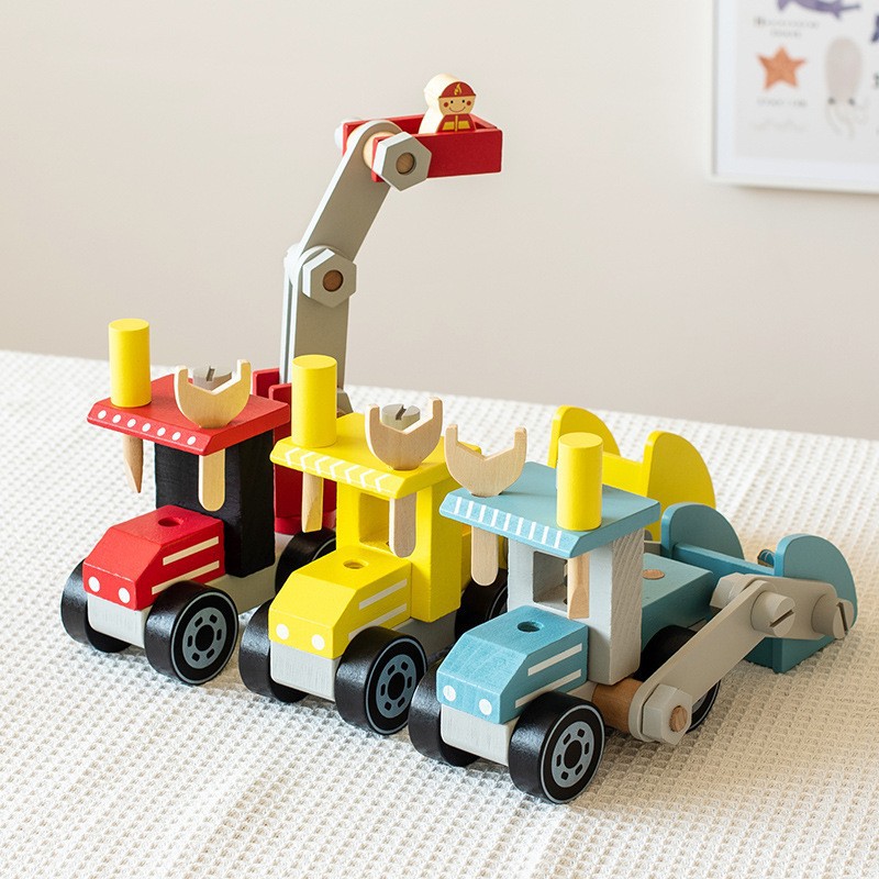 Baby wooden simulation nut disassembly tool truck engineering vehicle variety model twist screw building blocks assembling toys