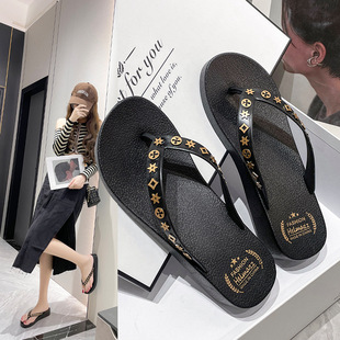 Simple Solid Color High Heel Flip-Flops Summer Women's Non-Slip Beach Sandals Thick Bottom Wedge Fashionable Flip-Flops