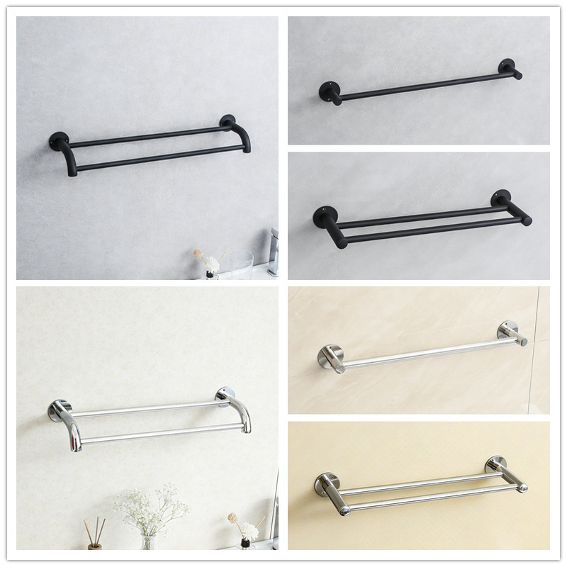 304 Stainless Steel No-Drill Towel Rack Bathroom Black Single Rod Hotel Glossy Wall-Mounted Double Rod Towel Bar