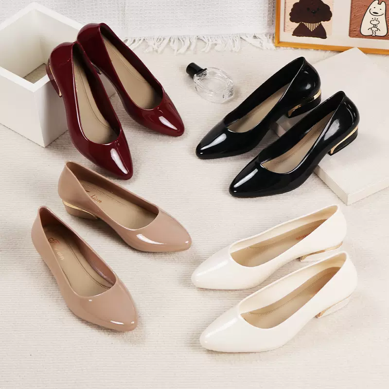 尖头单鞋女士时尚新款韩版外穿粗跟浅口工作鞋亮面包头一脚蹬凉鞋