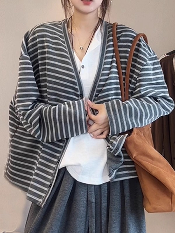 慵懒风撞色条纹气质宽松长袖外套女秋季大码胖MM显瘦百搭休闲上衣|undefined