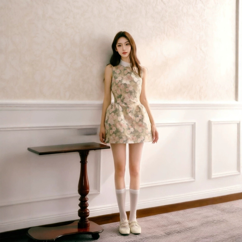 Zhao Zhaoyi's Same Style Reciit Rose Oil Painting Shirt Collar Dress, Elegant Puff-Sleeved Slim-Fit Waist-Cinching Tank Dress Zhao Zhaoyi's Same Style Reciit Rose Oil Painting Shirt Collar Dress, Elegant Puff-Sleeved Slim-Fit Waist-Cinching Tank Dress