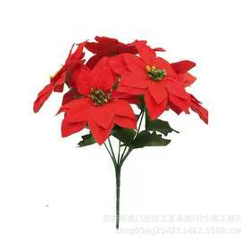 5头圣诞花束绒布一品红假花批发 圣诞红盆栽绢花装饰圣诞节仿真花