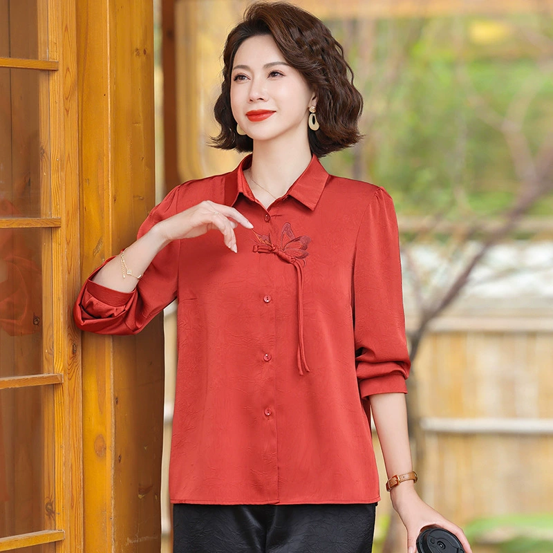 Новая весенняя рубашка с длинными рукавами для мам в китайском стиле, рубашка в западном стиле 2025, новая весенне-осенняя тонкая одежда для женщин среднего и пожилого возраста.