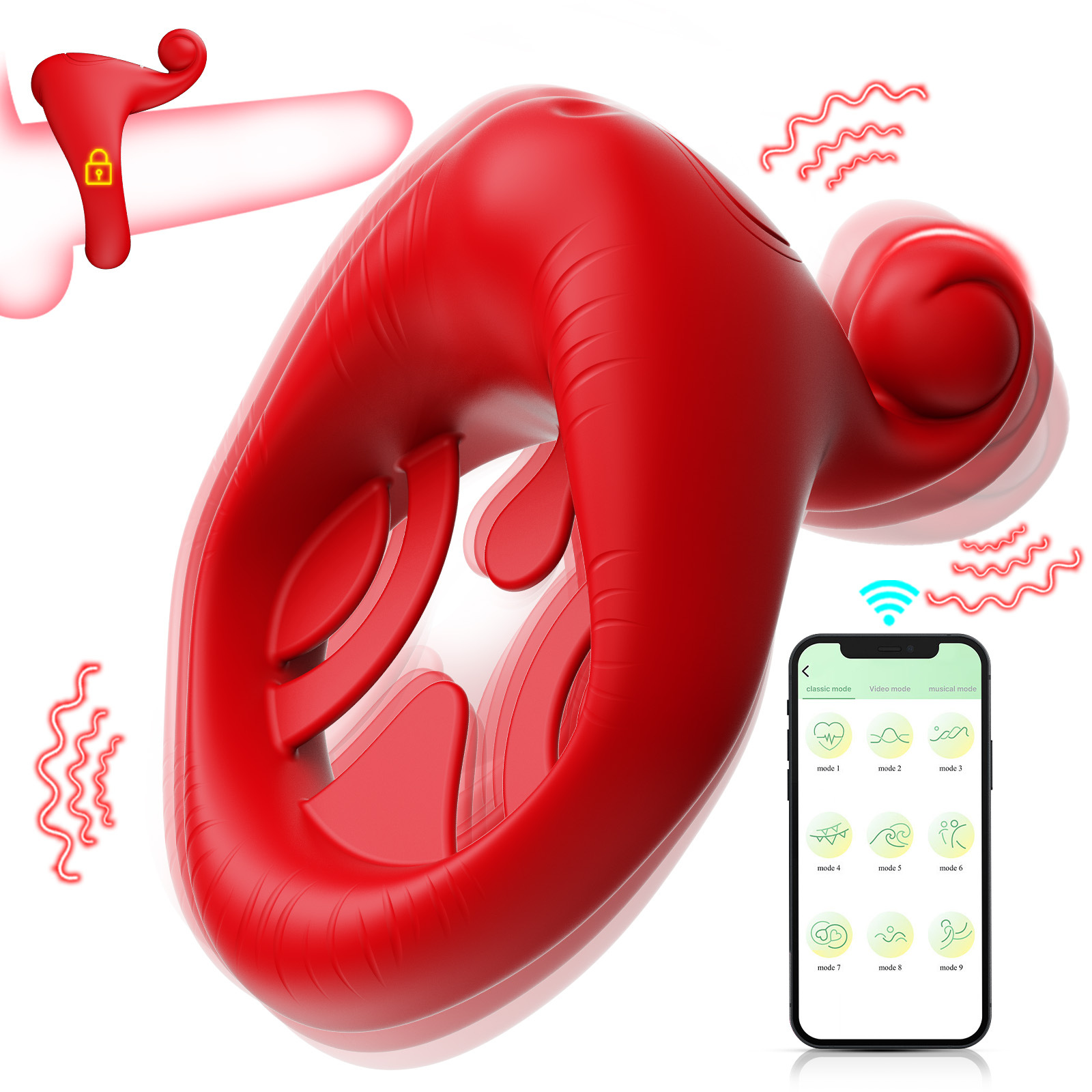 Rød mund design cockring med app styring og delay vibrator_voghion.com