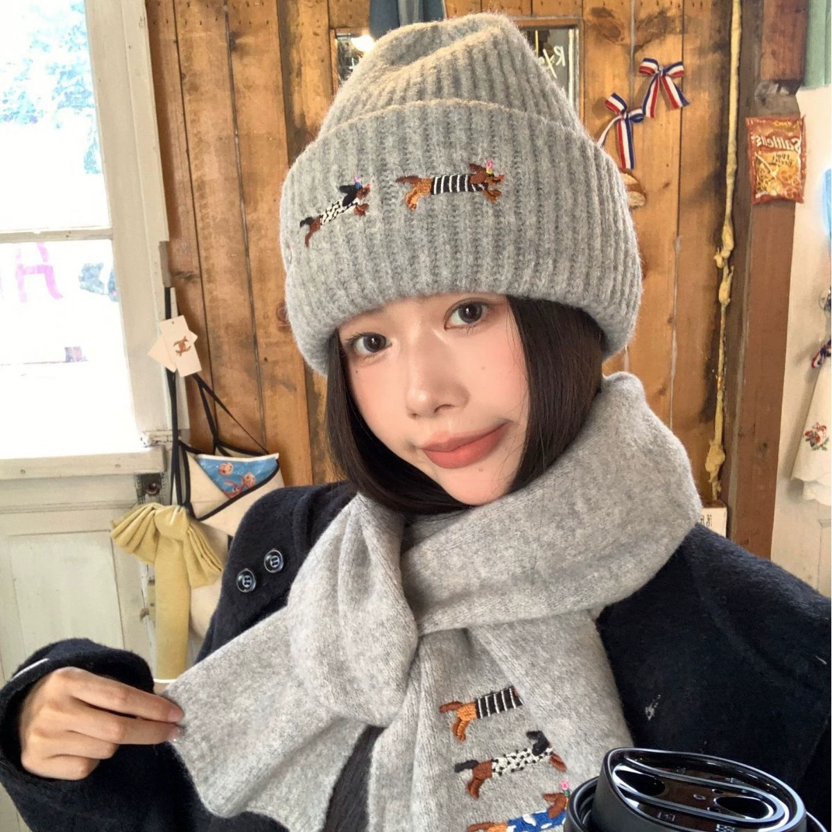 Cute hat, scarf, universal set, with embroidery
