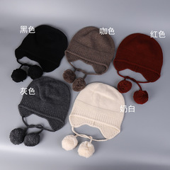 缪系毛球护耳帽女士冬季100%羊毛毛线帽时尚东北旅游滑雪帽子系带