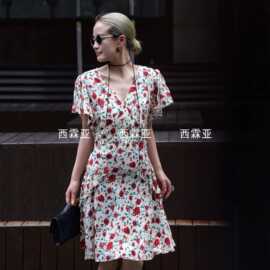 金辉夏季高奢时尚真丝双绉杏底红花领荷叶边下摆短款连衣