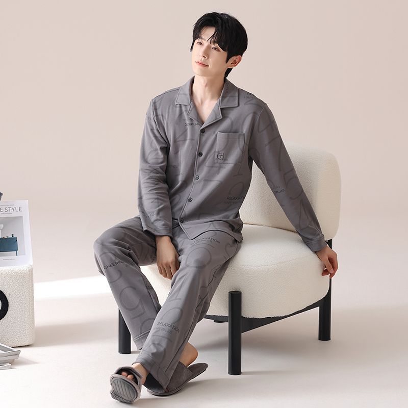 Pijama para hombres de otoño juvenil manga larga cardigan suelto hombre simple conjunto de ropa casera casual