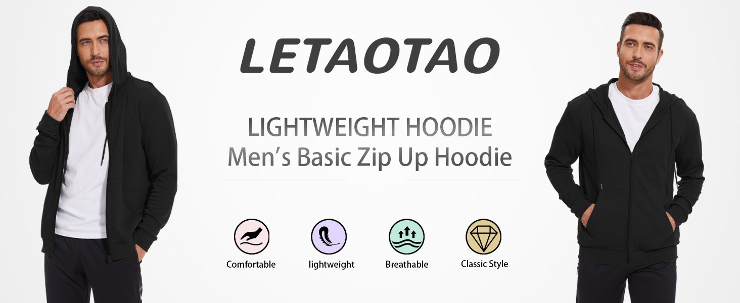 LETAOTAO Men's Basic Lightweight Zip Up Hoodie