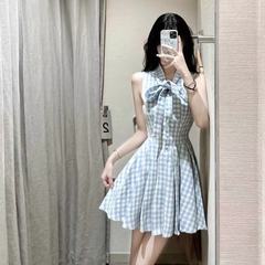 法式甜美蓝色无袖格子连衣裙子女夏2025年新款蝴蝶结气质百褶短裙