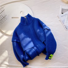 2021冬裝新款歐美風克萊因藍毛衣外套女 寬松拉鏈男友風針織開衫