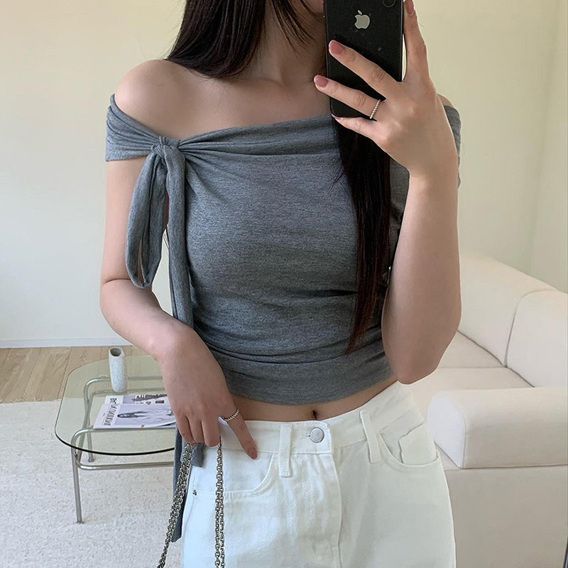 2026 Korean Version Of Chic Design Sense Asymmetrical Knotted Straps Off-the-shoulder T-shirt Pleated Waist Versatile Knitted Top_ecoleips.com