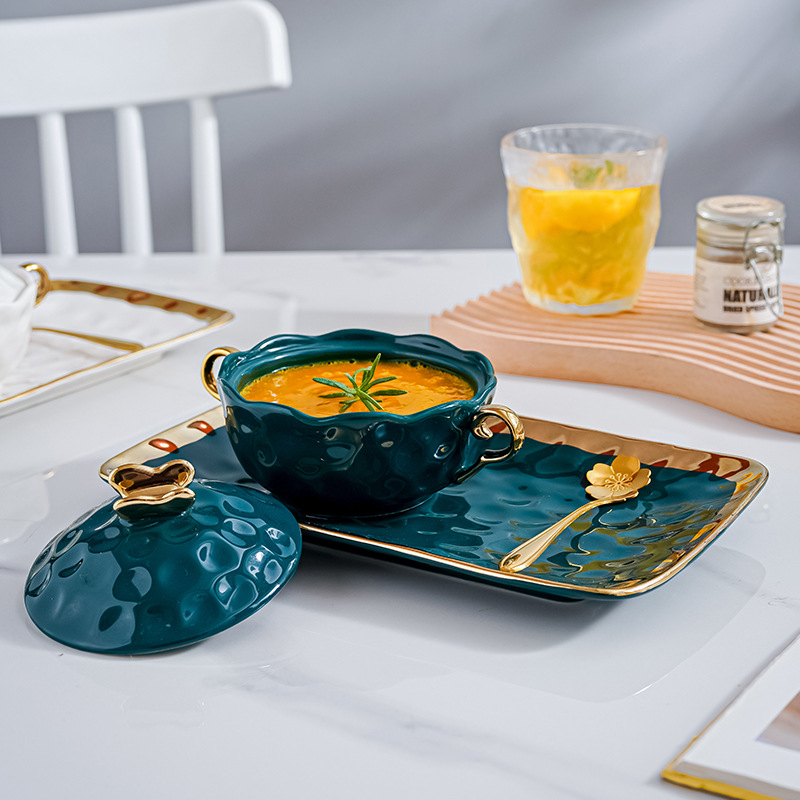 Cuenco de postre de agua de azúcar de cerámica set hogar Nido de Pájaro estofado tazón de sopa Internet celebridad una persona comida doble oreja tazón con tapa tazón de desayuno