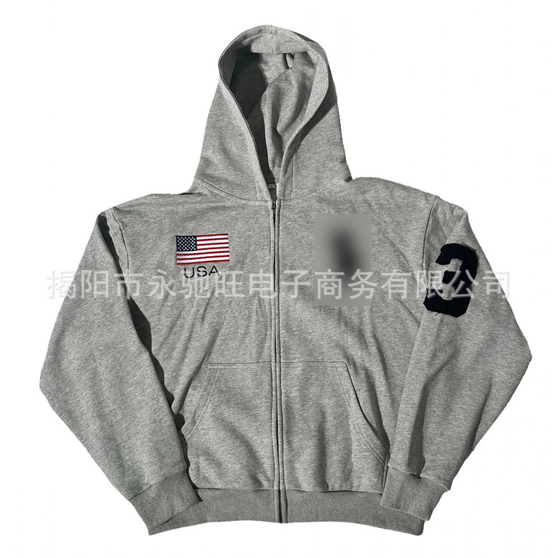 夏アメリカンウォッシュパターン刺繍長袖フード付きスウェットシャツ日本のトレンディなハイエンドルーズカジュアルジャケット男性用|undefined