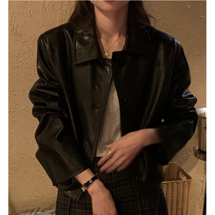 自制黑色短款皮衣女2024春秋季新款宽松显瘦pu皮夹克外套高级感