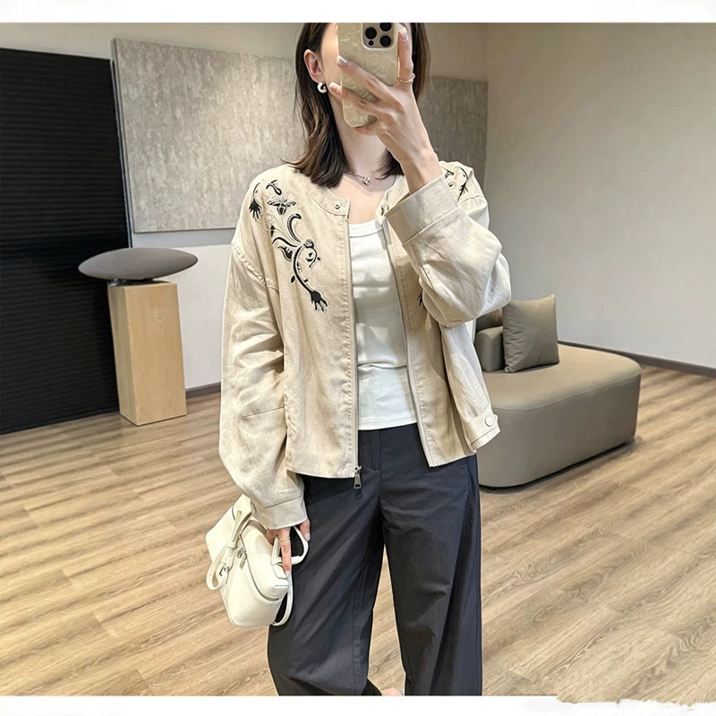 Old Money Elegance! Heavy Embroidery, Ultra-Breathable Tencel Linen, Stand Collar Short Jacket for Women, Spring and Summer Old Money Elegance! Heavy Embroidery, Ultra-Breathable Tencel Linen, Stand Collar Short Jacket for Women, Spring and Summer