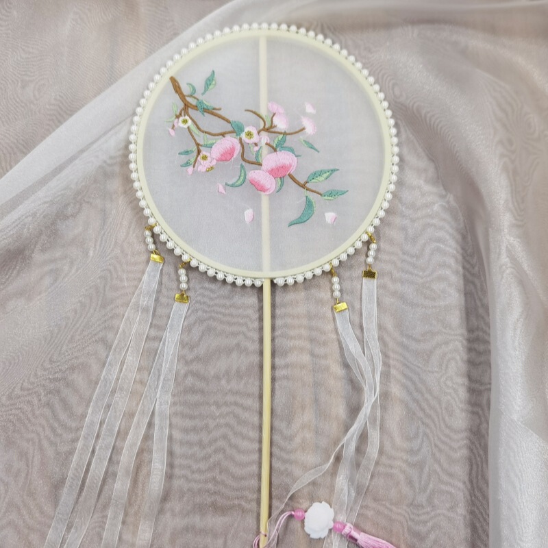 真珠手作り扇子、刺繍扇子、古風丸型扇子、民族風刺繍扇子、古典舞踊扇子|undefined