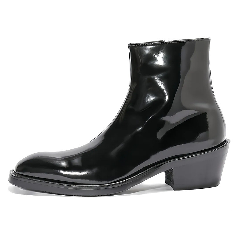Chelsea Boots for Men, Trendy British Style Leather Boots, Shiny Black Pointed Toe Side Zipper High-Top High-Heeled Boots, Men's Genuine Leather Chelsea Boots for Men, Trendy British Style Leather Boots, Shiny Black Pointed Toe Side Zipper High-Top High-Heeled Boots, Men's Genuine Leather