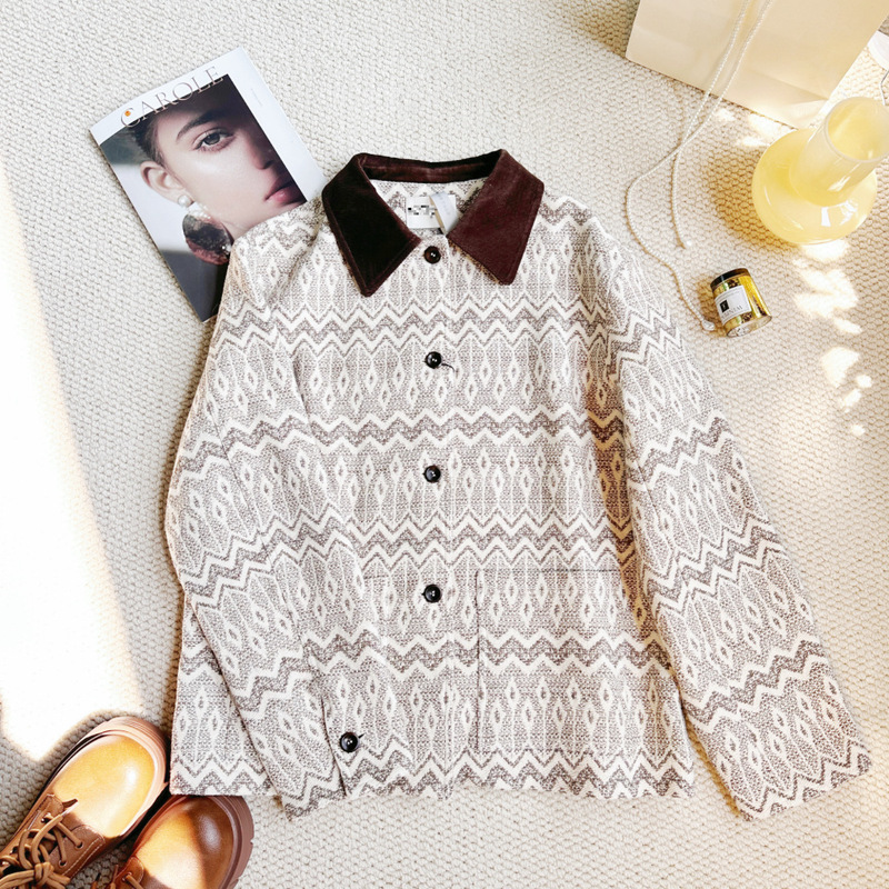 in stock/Otaku Same Barn Color-matching Jacquard Pattern Loose Casual Woven Coat