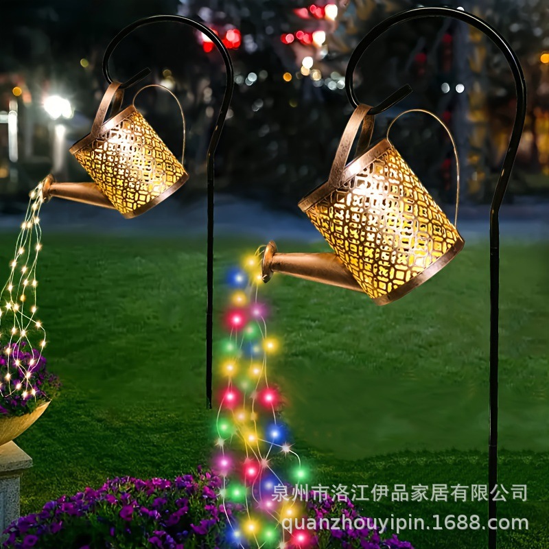 跨境菱形铜钱水壶太阳能灯户外庭院灯插地景观铁艺镂空水壶花洒灯