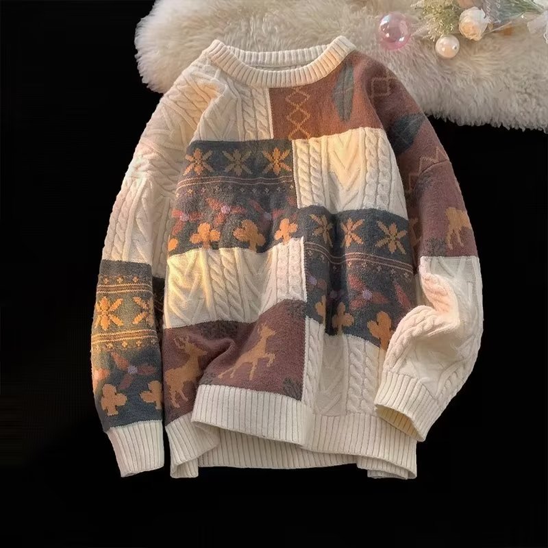 Layered men's winter trend, thickened lazy bottom knit with patchwork for warmth and loose fitting sweater jacket_voghion.com