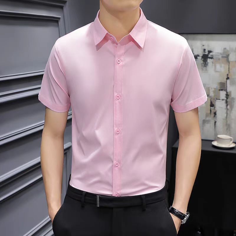 氷糸黒シャツ男性半袖夏の薄い弾力シャツ男性用アイロンフリービジネスカジュアルtシャツ|undefined
