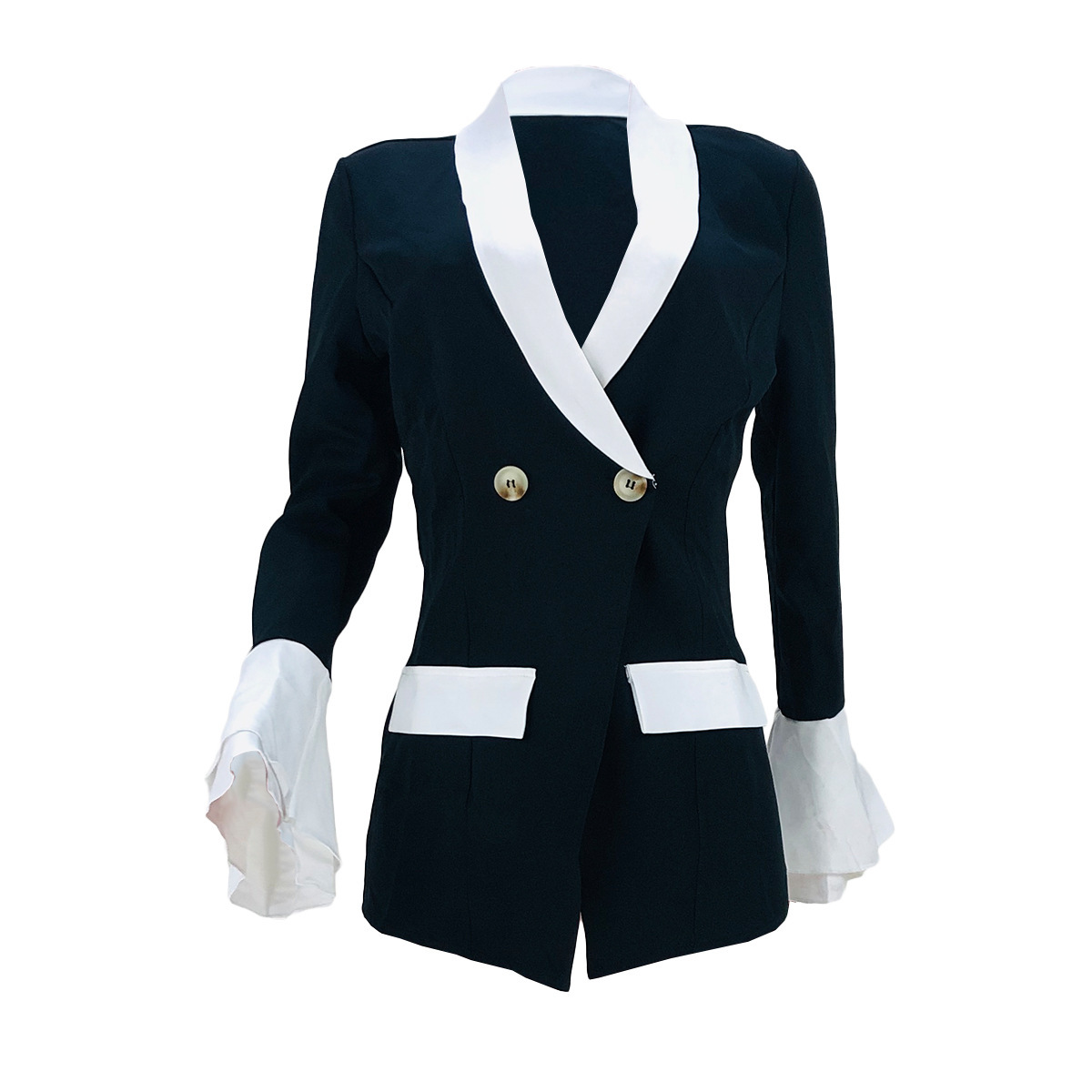 Women's Clothing autumn new black small for women solid color collar double breasted splicing flared sleeve suit jacket_voghion.com