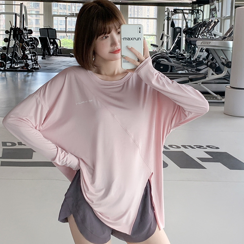 Quick-drying T-shirt Yoga Top Split Sports Top Women's Loose Running Blouse plus size chubby girl Fitness Wear Long Sleeve