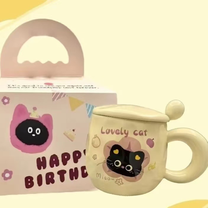かわいいミルクFUFU黒猫マグカップ蓋付きスプーンで女の子に誕生日プレゼント高颜値プレゼントカップオフィス朝|undefined