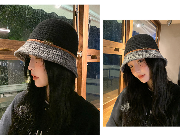 Cappello da scodella coreano lavorato a maglia coreano da donna per l'autunno e l'inverno Calore all'aperto Piccola folla Clip a colori Sfilata di moda Volto piccolo_voghion.com