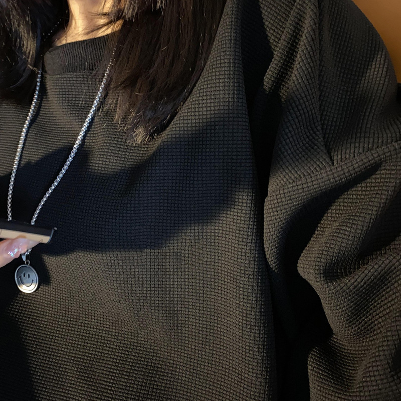 华夫格长袖卫衣女薄款秋季宽松大码显瘦小众设计感外套女装上衣|undefined