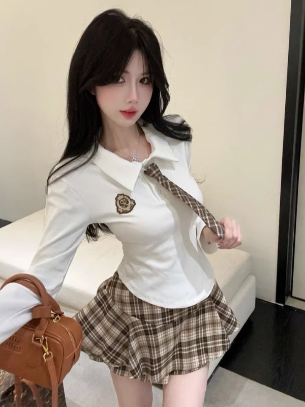 学院风辣妹减龄百搭短款长袖polo领T恤上衣高腰显瘦格子裙裤套装|undefined