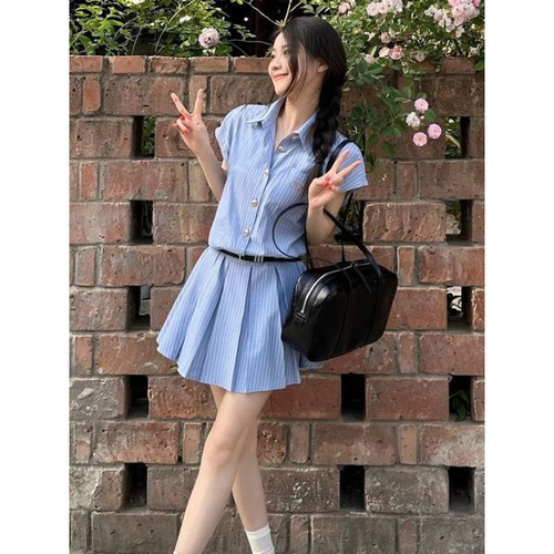 Korean college style blouse dress for women, summer, beautiful striped short-sleeved pleated skirt short dress