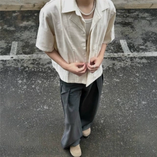 老钱风古巴领短袖衬衫男款夏季高级感宽松百搭休闲手缝线半袖衬衣