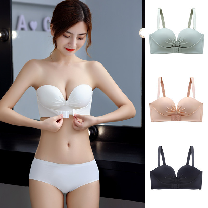 Original Glossy Pleated Strapless Double-Layer Buckle Backless Bra for Small Busts, Push-Up Palm Cup Invisible Bra