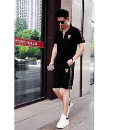 美式新款夏季正肩长裤立领轻奢时尚休闲修身男士短袖套装一整套潮