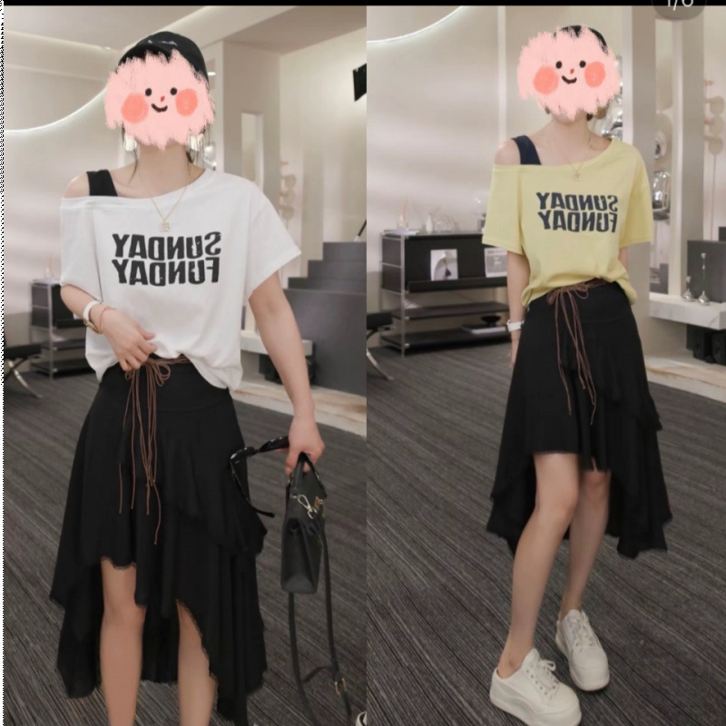 夏の新作ゆったりスリムTシャツトップスーツ、ファッショナブルで多用途、ウエスタンスタイルのハイウエストスカート2点セット|undefined