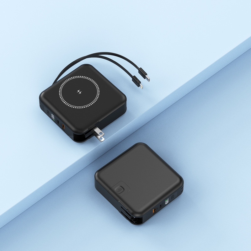 Power Bank 5 en 1 con enchufe, carga rápida PD20W, carga inalámbrica, cable retráctil y succión magnética