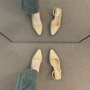 Women's Low Heel Toe Sandals French Style Gentle Evening Nude Pointed Small Chanel Style Lady's Thick Heel Air-quality Shoes