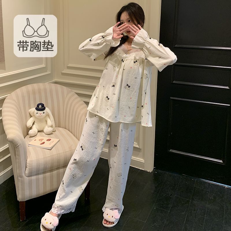 Al por mayor transfronterizo otoño nuevo algodón nubes cinturón cojín de pecho pijama de mujer dulce princesa manga larga set de ropa para el hogar