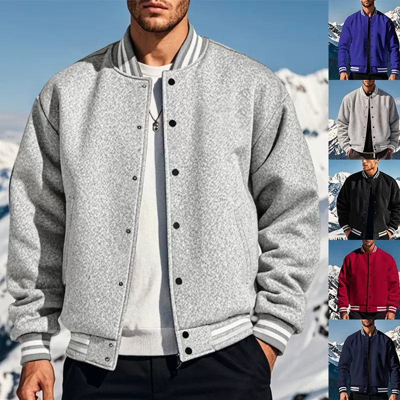 跨境男装秋冬抓绒美式复古棒球服夹克宽松休闲立领单排扣男装外套