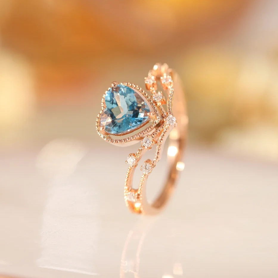 Tik Tok Live Stream Drainage Welfare Colored Gems Open Ring Ins Wind Saint Mary Topaz Blue Love Heart Ring For Women display picture 7