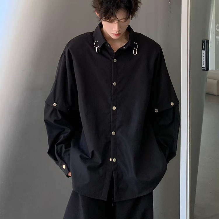 Black Shoulder-Padded Shirt for Men, Trendy Brand, Handsome Street Style, Detachable Long-Sleeved Shirt, Silhouette, High-End Hairstylist Men's Clothing Black Shoulder-Padded Shirt for Men, Trendy Brand, Handsome Street Style, Detachable Long-Sleeved Shirt, Silhouette, High-End Hairstylist Men's Clothing