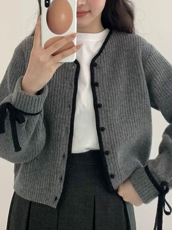 韩系甜美风短款针织开衫女秋冬季设计感小众系带毛衣外套外搭上衣|undefined