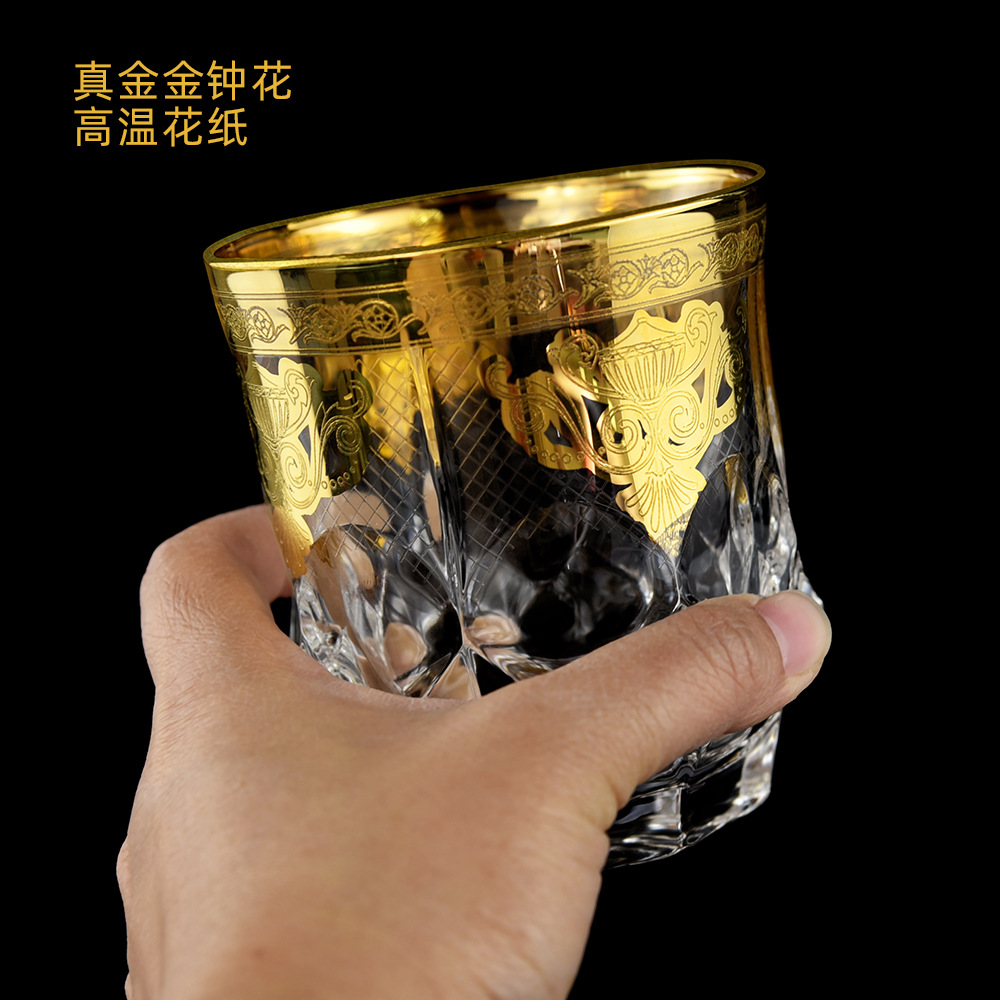 欧式复古酒杯真金金花纸水晶玻璃洋酒杯 威士忌描金酒杯酒壶套装